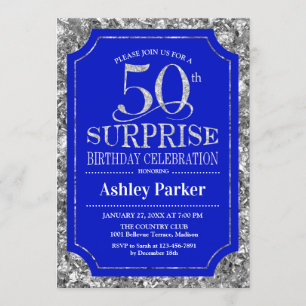 Surprise 50th Birthday Party - Silver Royal Blue Invitation