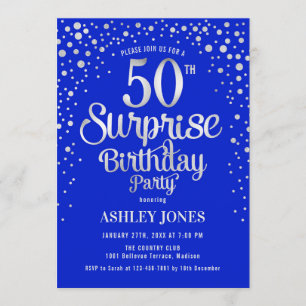 Surprise 50th Birthday Party - Silver & Royal Blue Invitation