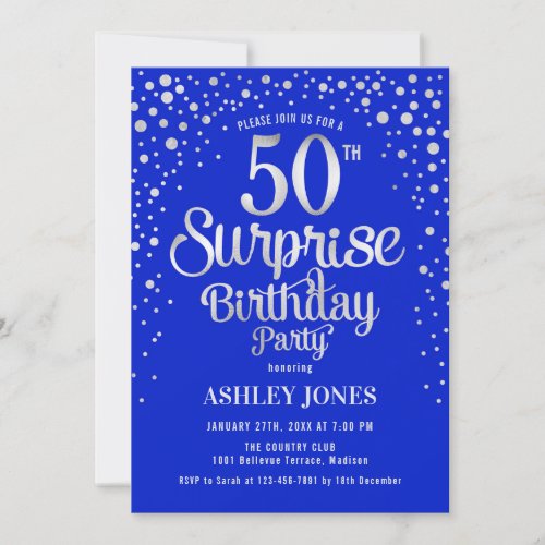 Surprise 50th Birthday Party _ Silver  Royal Blue Invitation