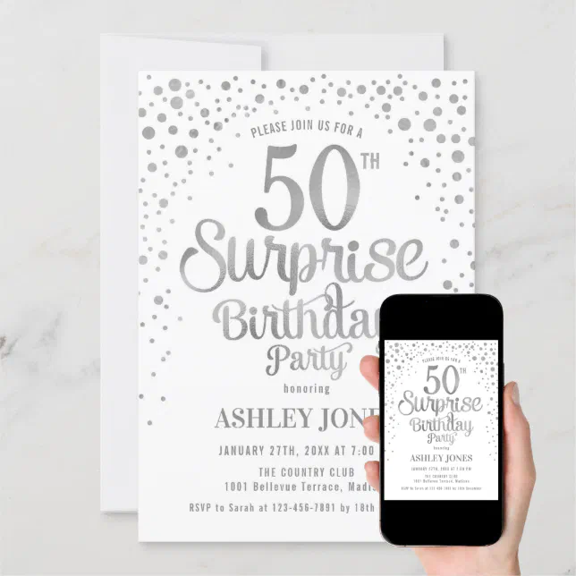 Surprise 50th Birthday Party - Silver & White Invitation | Zazzle