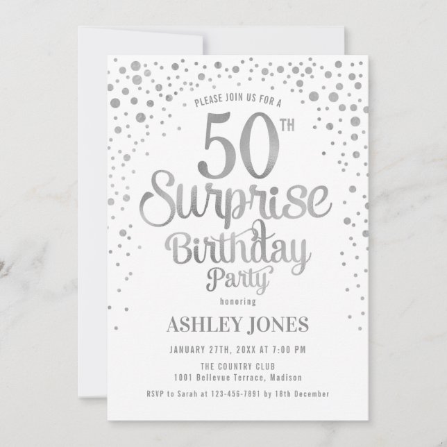 Surprise 50th Birthday Party - Silver & White Invitation (Front)