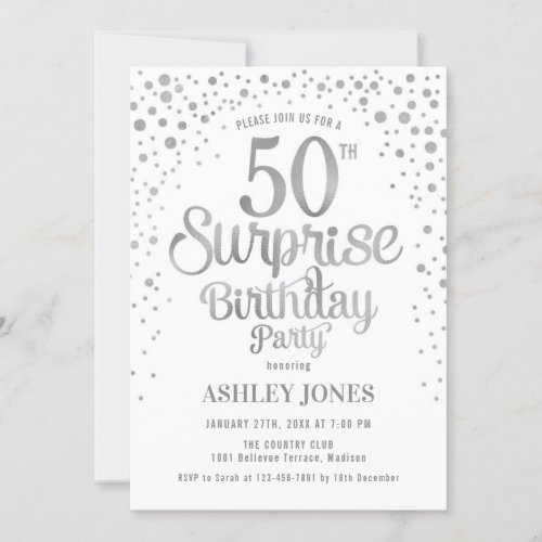 Surprise 50th Birthday Party _ Silver  White Invitation