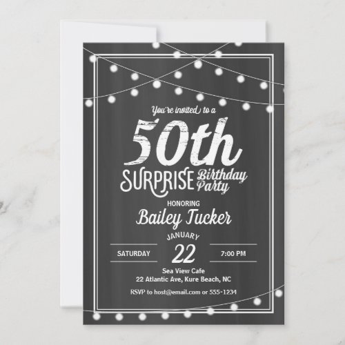 Surprise 50th Birthday Party String Lights Chalk Invitation