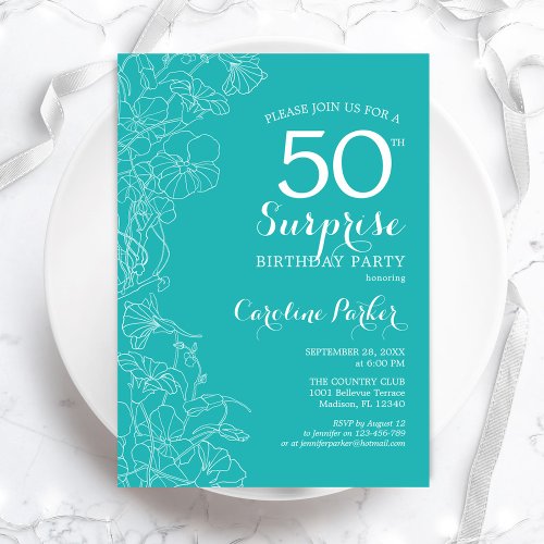 Surprise 50th Birthday Party _ Turquoise Floral Invitation