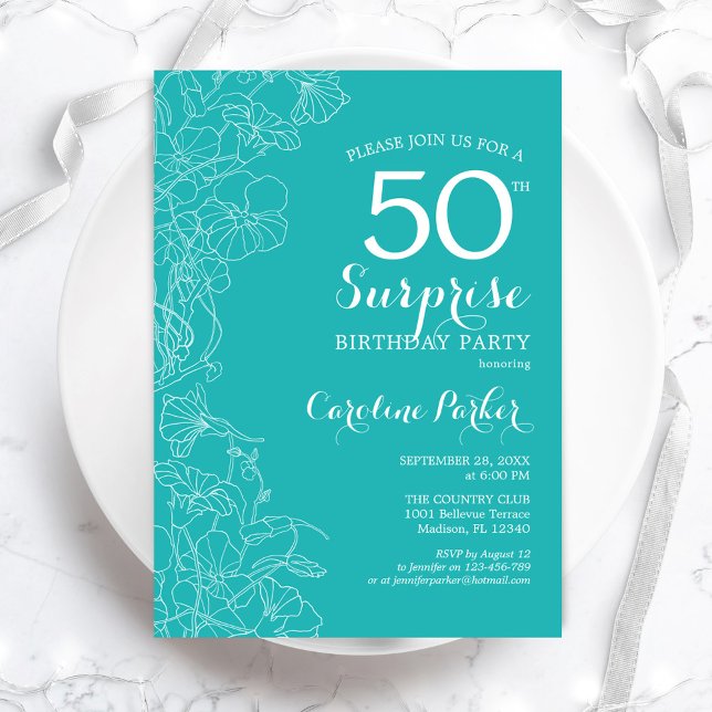 Surprise 50th Birthday Party - Turquoise Floral Invitation (Creator Uploaded)