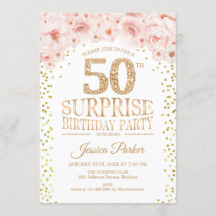 Surprise 50th Birthday Party - White Gold Pink Invitation