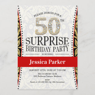 Surprise 50th Birthday Party - White Gold Red Invitation