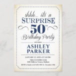 Surprise 50th Birthday Party - White Navy Invitation<br><div class="desc">Surprise 50th Birthday Party Invitation.
Simple classy design in white,  navy blue and black. Features elegant script font. Surprise bday celebration for man or woman. Can be customized into any age!</div>