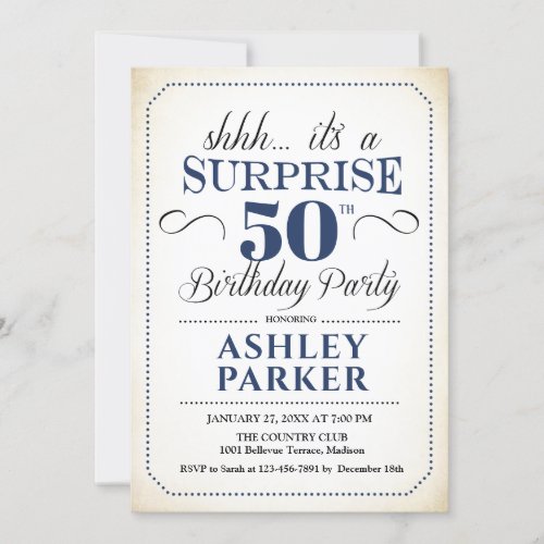 Surprise 50th Birthday Party _ White Navy Invitation