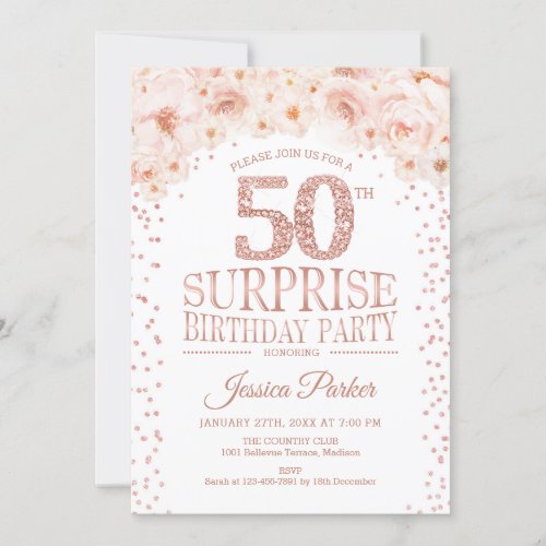 Surprise 50th Birthday Party _ White Rose Gold Invitation