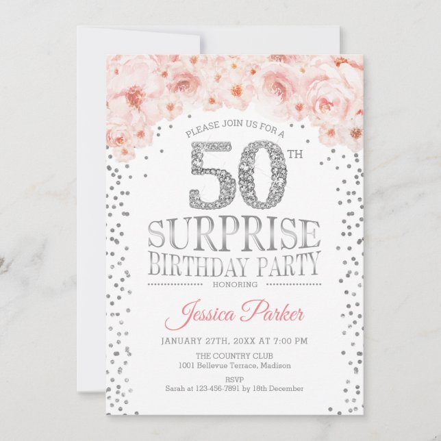 Surprise 50th Birthday Party - White Silver Pink Invitation (Front)