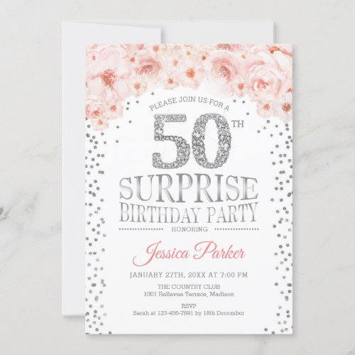 Surprise 50th Birthday Party _ White Silver Pink Invitation