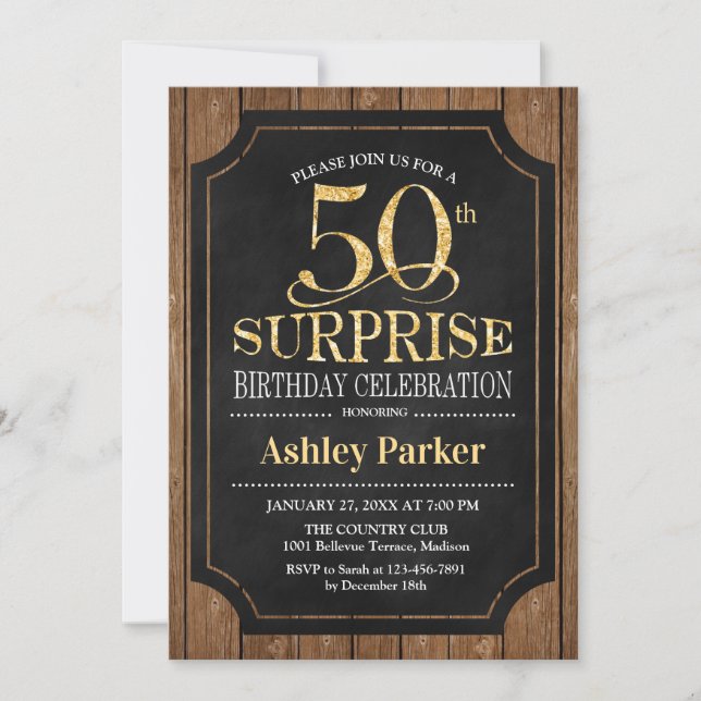 Surprise 50th Birthday Party - Wood Gold Invitation (Front)
