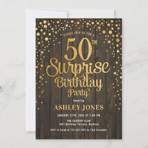 Surprise 50th Birthday Party _ Wood  Gold Invitation