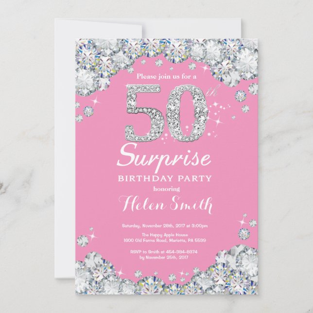 Surprise 50th Birthday Pink and Silver Diamond Invitation (Front)