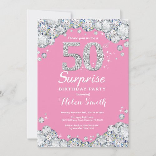 Surprise 50th Birthday Pink and Silver Diamond Invitation