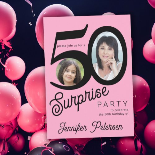 Surprise 50th birthday pink black photo invitation