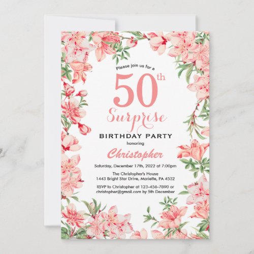 Surprise 50th Birthday Pink Boho Botanical Floral Invitation