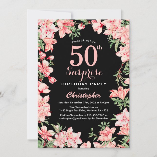 Surprise 50th Birthday Pink Floral Flowers Black Invitation (Front)