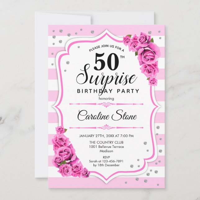 Surprise 50th Birthday - Pink White Invitation (Front)