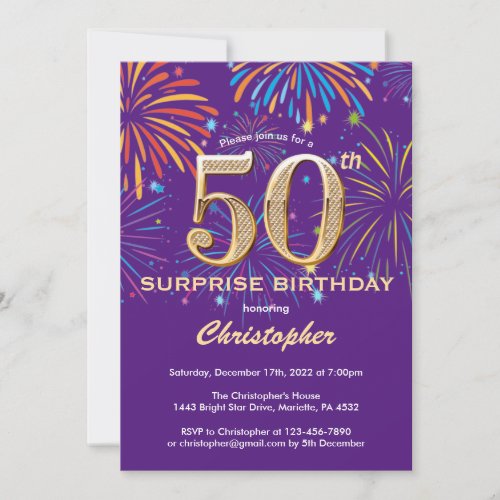 Surprise 50th Birthday Purple and Gold Firework Invitation