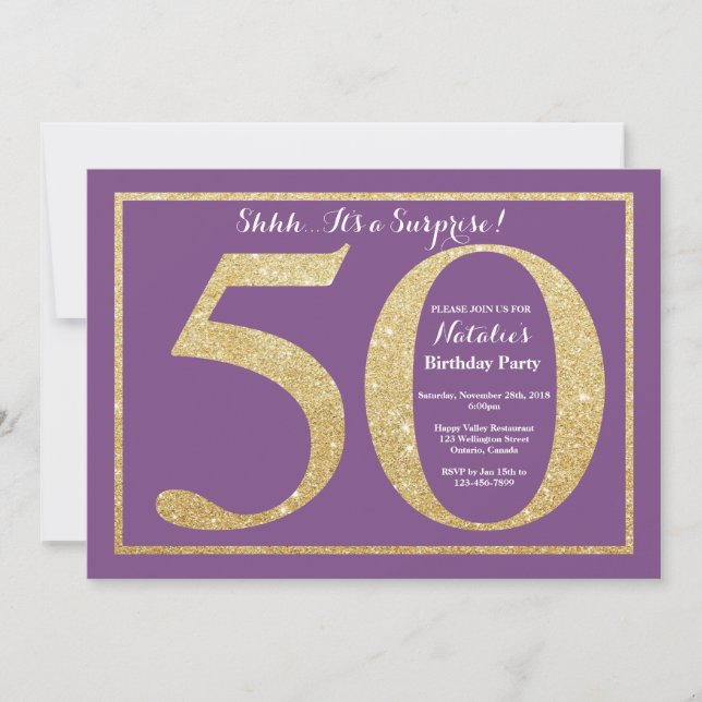 Surprise 50th Birthday Purple and Gold Glitter Invitation (Front)