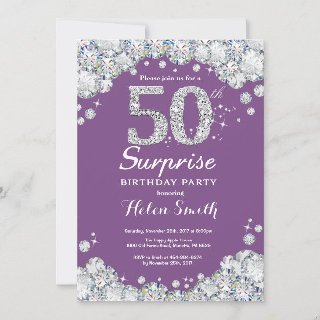 Surprise 50th Birthday Purple and Silver Diamond Invitation (Front)