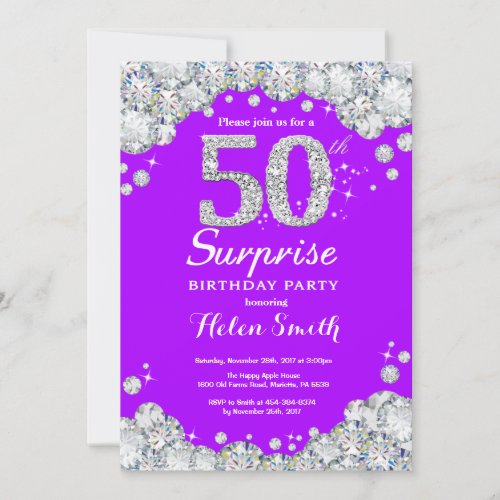 Surprise 50th Birthday Purple and Silver Diamond Invitation