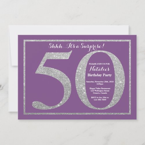 Surprise 50th Birthday Purple and Silver Glitter Invitation