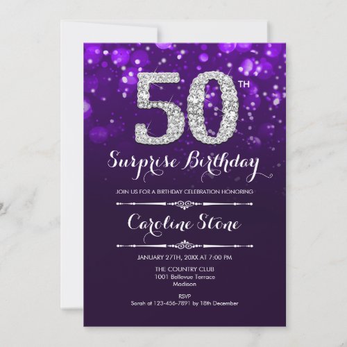 Surprise 50th Birthday _ Purple Silver Invitation