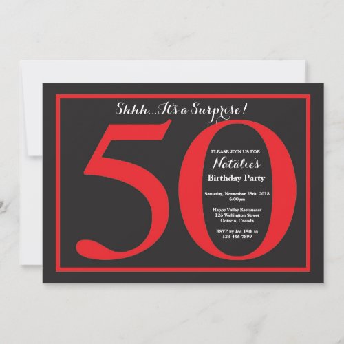 Surprise 50th Birthday Red and Black Chalkboard Invitation
