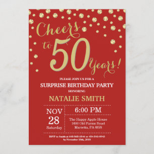 Surprise 50th Birthday Red and Gold Diamond Invitation