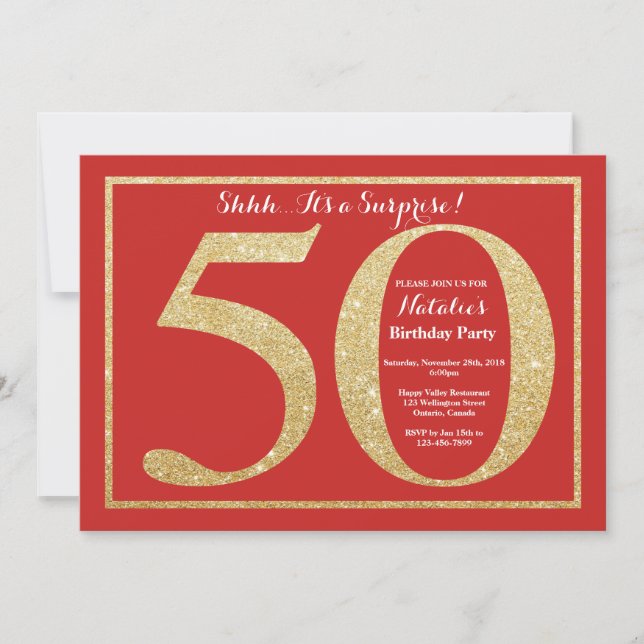 Surprise 50th Birthday Red and Gold Glitter Invitation (Front)
