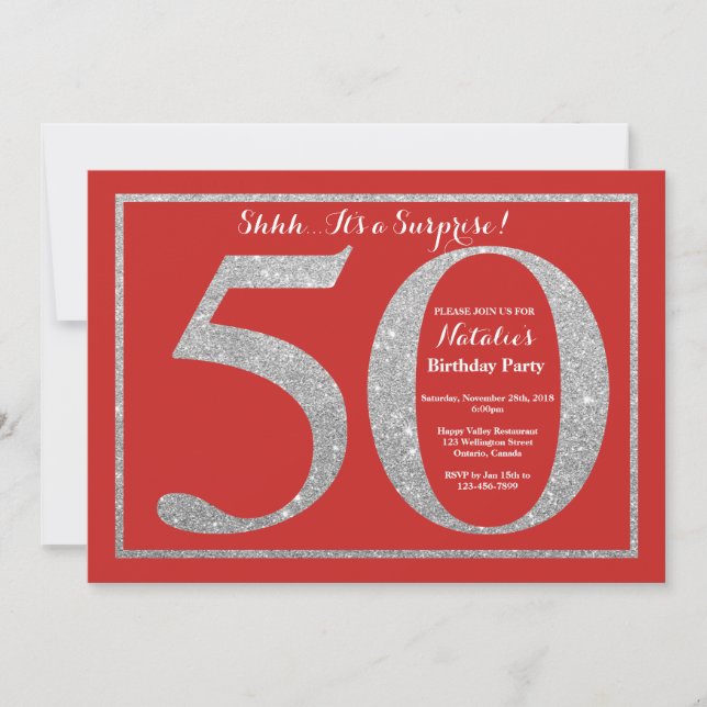 Surprise 50th Birthday Red and Silver Glitter Invitation (Front)