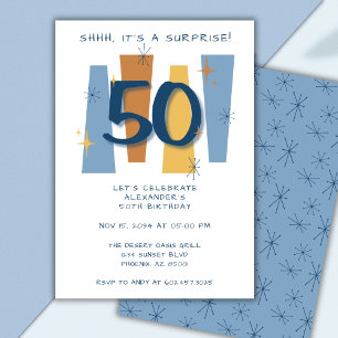 Surprise 50th Birthday Retro Midcentury Blue Invitation