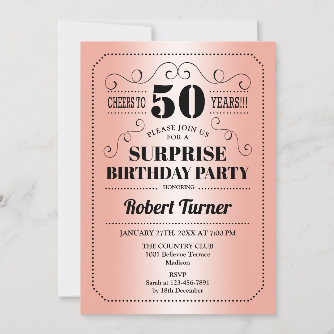 Surprise 50th Birthday - Rose Gold Black Invitation | Zazzle