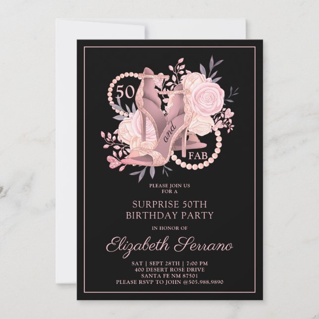 Surprise 50th Birthday Rose Gold Black Party Invitation (Front)