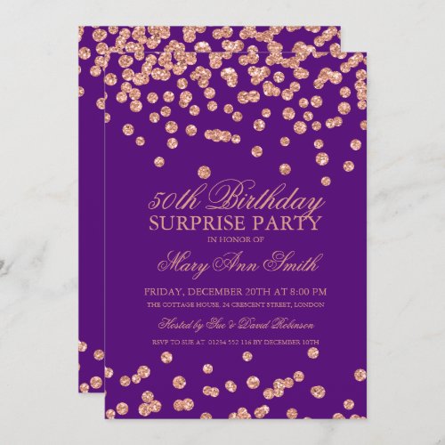 Surprise 50th Birthday Rose Gold Glitter Purple Invitation