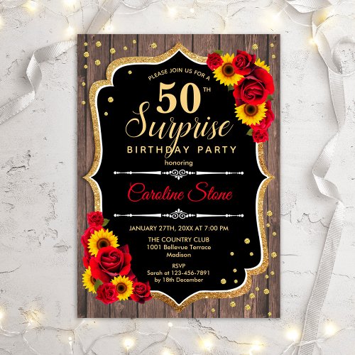 Surprise 50th Birthday _ Rustic Wood Sunflowers Invitation