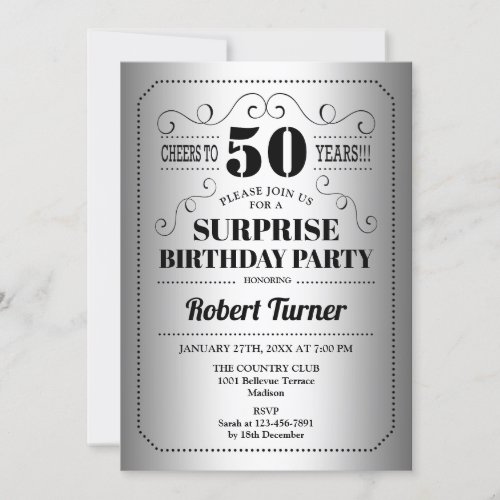Surprise 50th Birthday _ Silver Black Invitation