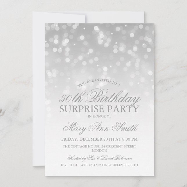 Surprise 50th Birthday Silver Bokeh Sparkle Lights Invitation (Front)