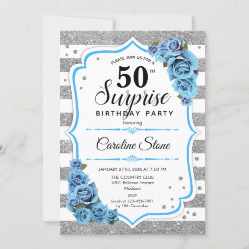 Surprise 50th Birthday _ Silver White Blue Invitation