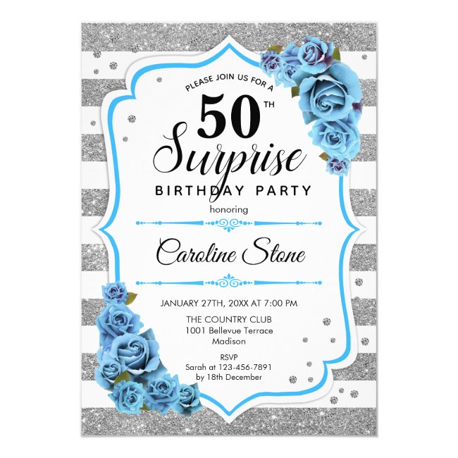 Surprise 50th Birthday - Silver White Blue Invitation