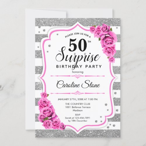 Surprise 50th Birthday _ Silver White Pink Invitation