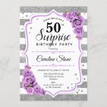 Surprise 50th Birthday - Silver White Purple Invitation<br><div class="desc">Surprise 50th Birthday Invitation.
Feminine white,  lavender design with faux glitter silver. Features stripes,  pastel purple lilac roses,  script font and confetti. Perfect for an elegant birthday party. Can be personalized to show any age. Message me if you need further customization.</div>