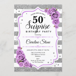 Surprise 50th Birthday - Silver White Purple Invitation
