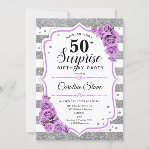 Surprise 50th Birthday _ Silver White Purple Invitation