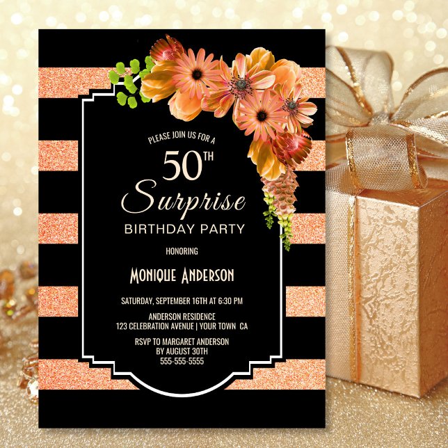 Surprise 50th Birthday Striped Orange Floral Invitation (Creator Uploaded)