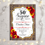 Surprise 50th Birthday - Sunflowers Rustic Wood Invitation<br><div class="desc">Surprise 50th Birthday Invitation.
Feminine rustic black,  white,  red design with faux glitter gold. Features wood pattern,  red roses,  sunflowers,  script font and confetti. Perfect for an elegant birthday party. Can be personalized to show any age. Message me if you need further customization.</div>