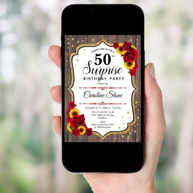 Surprise 50th Birthday - Sunflowers Rustic Wood Invitation (Front Digital)